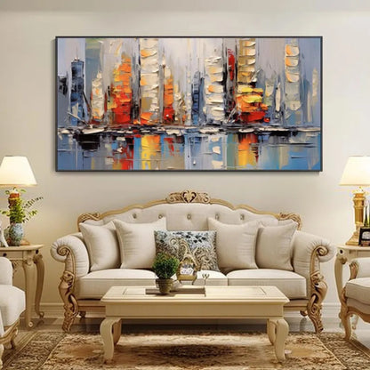 Interior preview of a textured city skyline in orange, red, yellow, blue and white with reflections beneath.