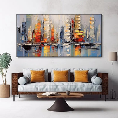 Urban Glow Abstract City Skyline Painting with Reflection