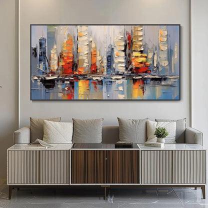 Urban Glow Abstract City Skyline Painting with Reflection