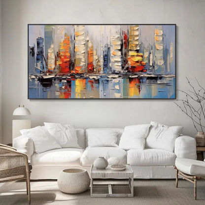 Urban Glow Abstract City Skyline Painting with Reflection