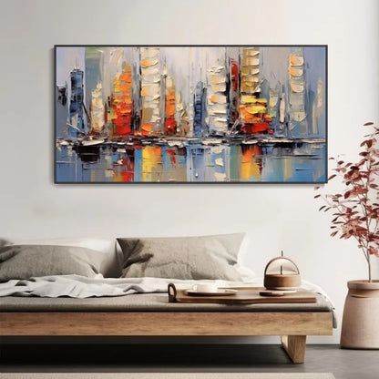Urban Glow Abstract City Skyline Painting with Reflection