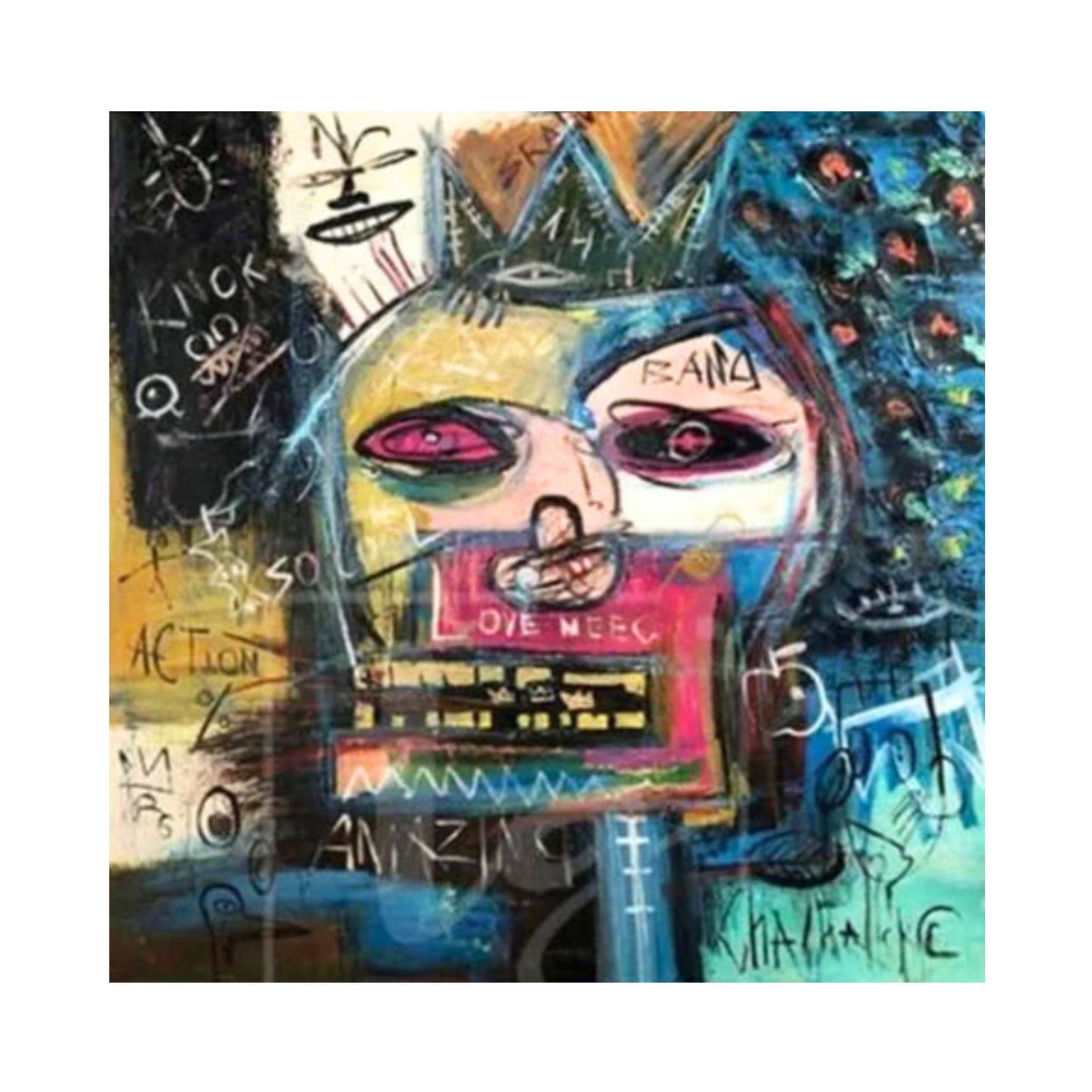 Hand-painted neo-expressionist graffiti artwork with bold urban colours and abstract lines