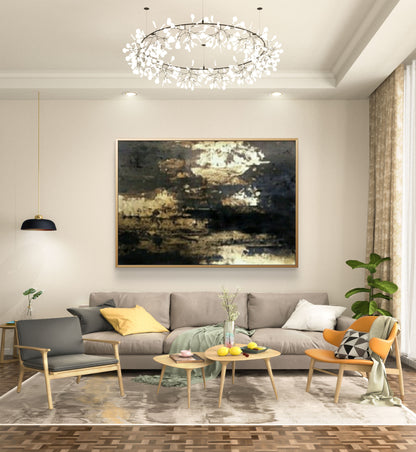 Vertical Black Gold Foil Abstract Expressionism Wall Painting