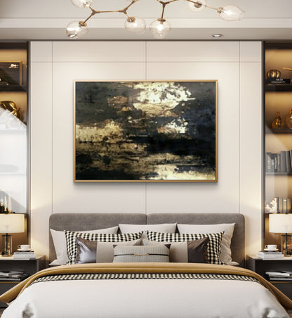 Vertical Black Gold Foil Abstract Expressionism Wall Painting