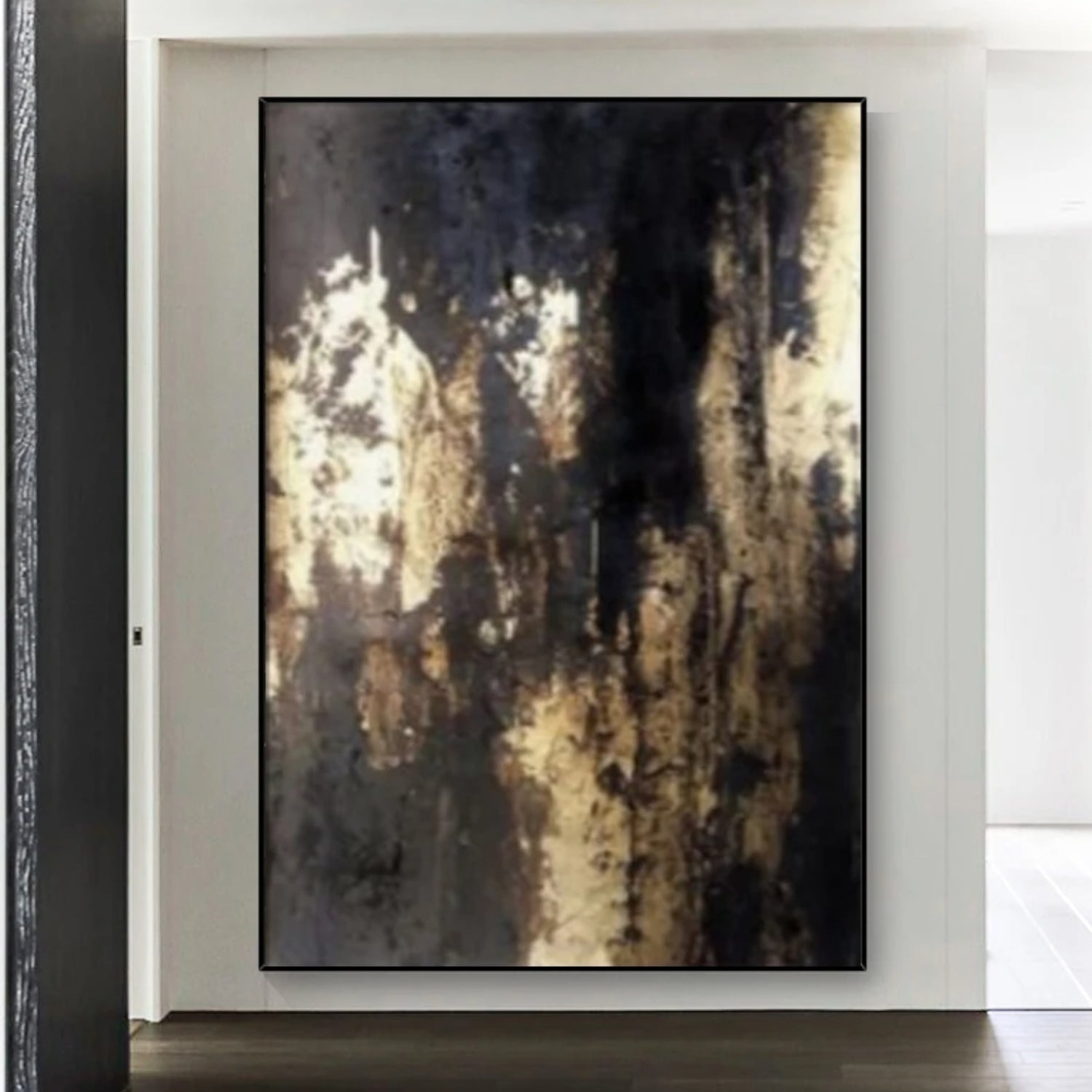 Vertical Black Gold Foil Abstract Expressionism Wall Painting