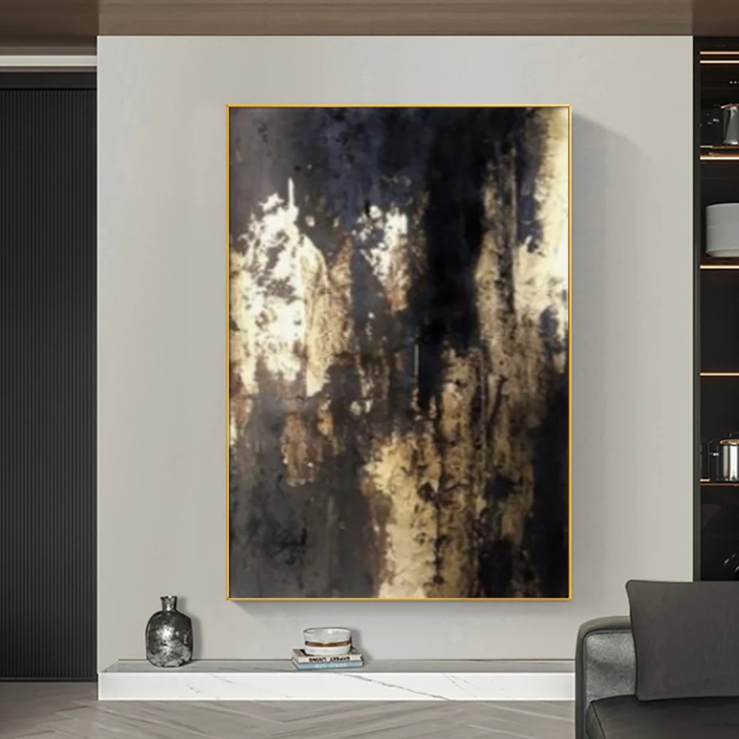 Vertical Black Gold Foil Abstract Expressionism Wall Painting