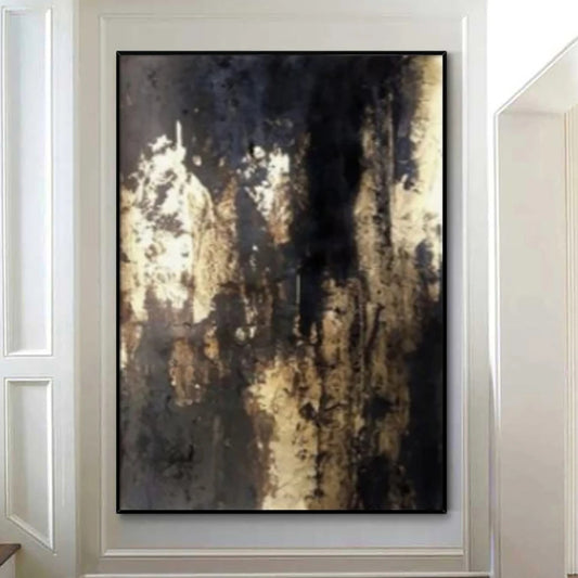 Vertical Black Gold Foil Abstract Expressionism Wall Painting