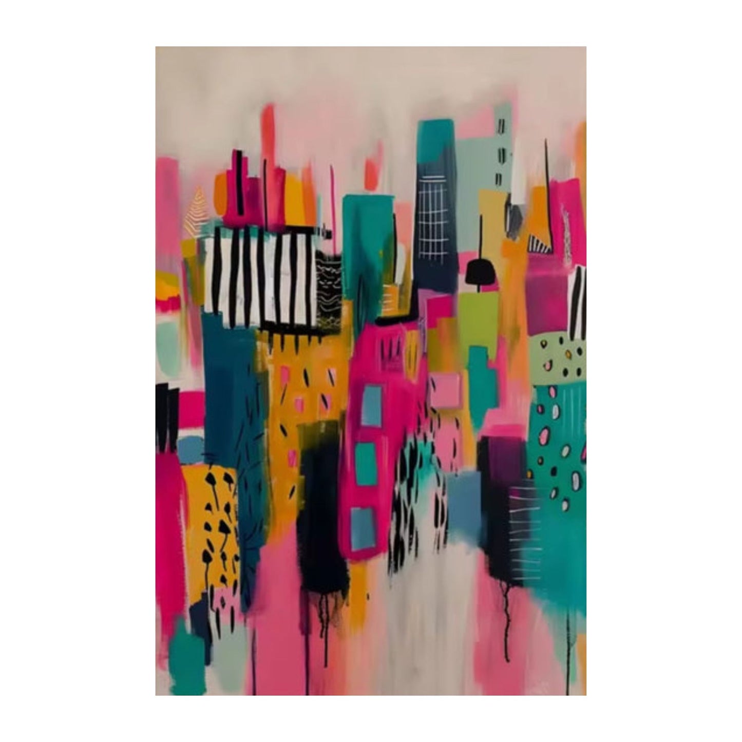 Hand-painted vibrant abstract cityscape canvas with colorful geometric patterns