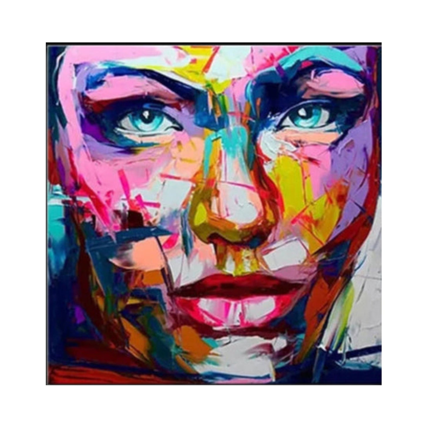 Hand-painted impasto portrait inspired by Francoise Nielly in vibrant abstract colours