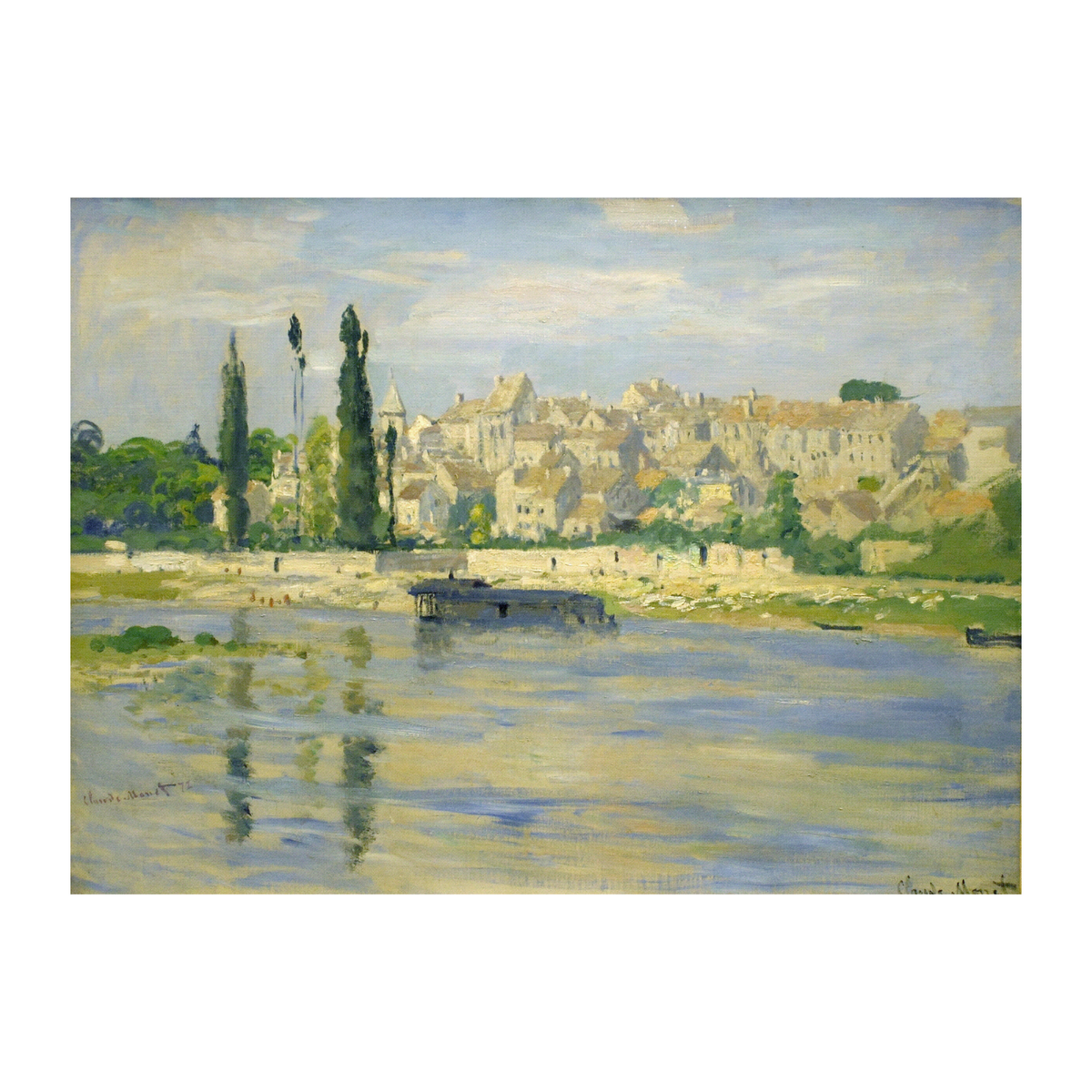 Hand-painted canvas featuring a riverside village and tall trees reflected in calm water.