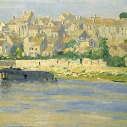 Hand-painted canvas featuring a riverside village and tall trees reflected in calm water.