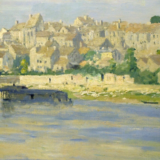 Hand-painted canvas featuring a riverside village and tall trees reflected in calm water.