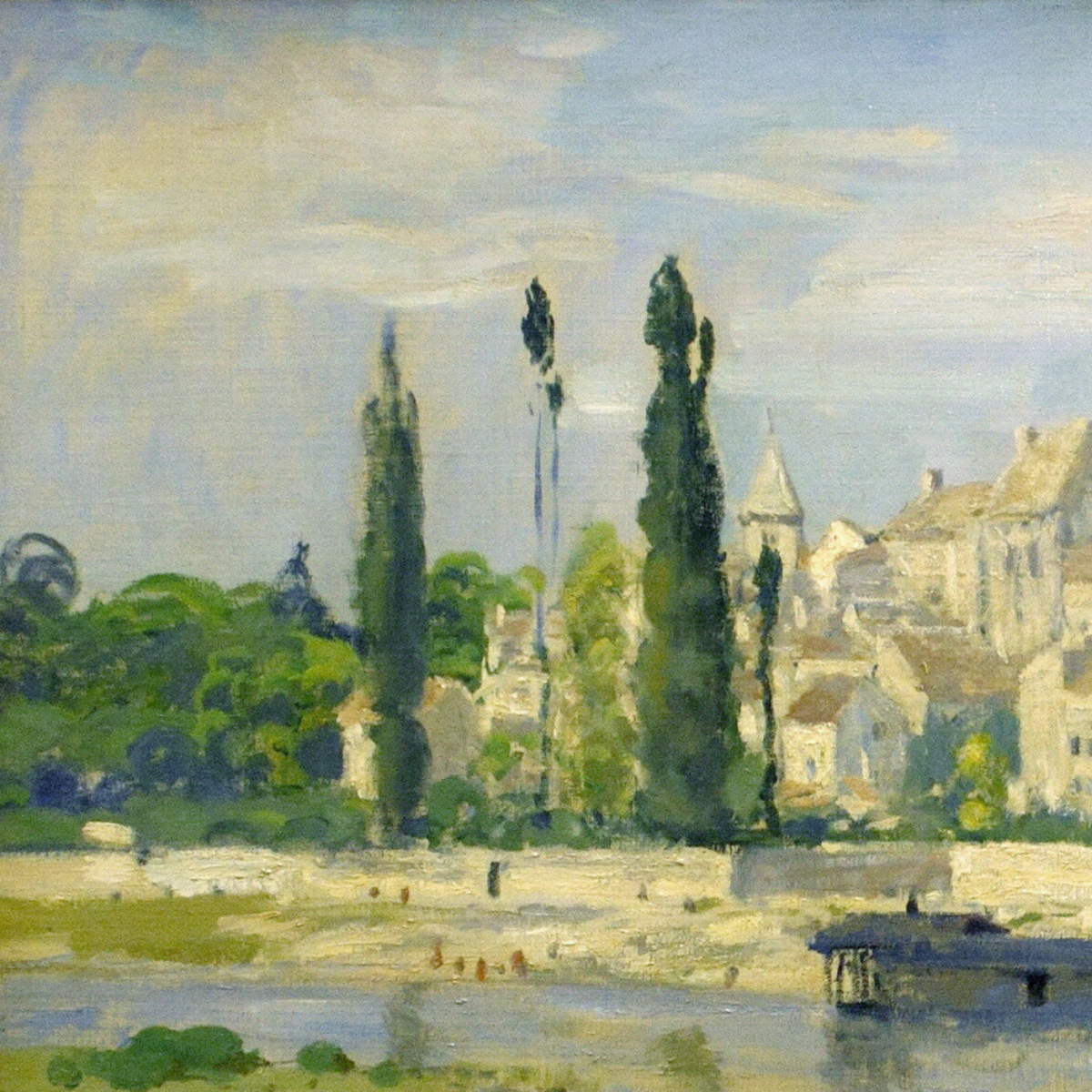 Hand-painted canvas featuring a riverside village and tall trees reflected in calm water.