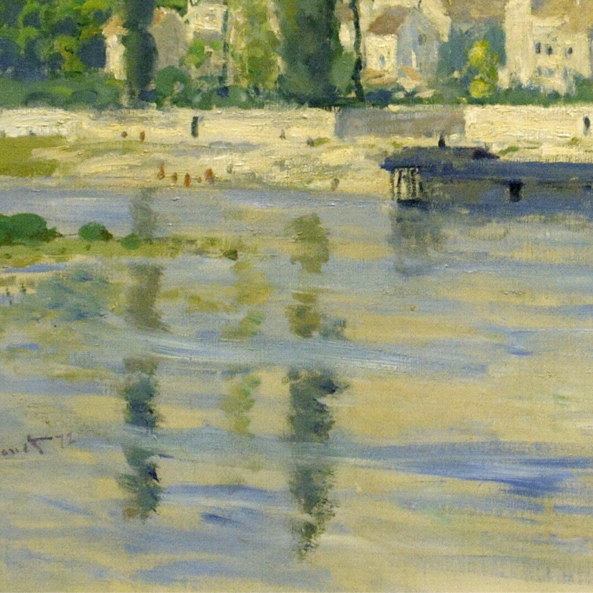 Hand-painted canvas featuring a riverside village and tall trees reflected in calm water.