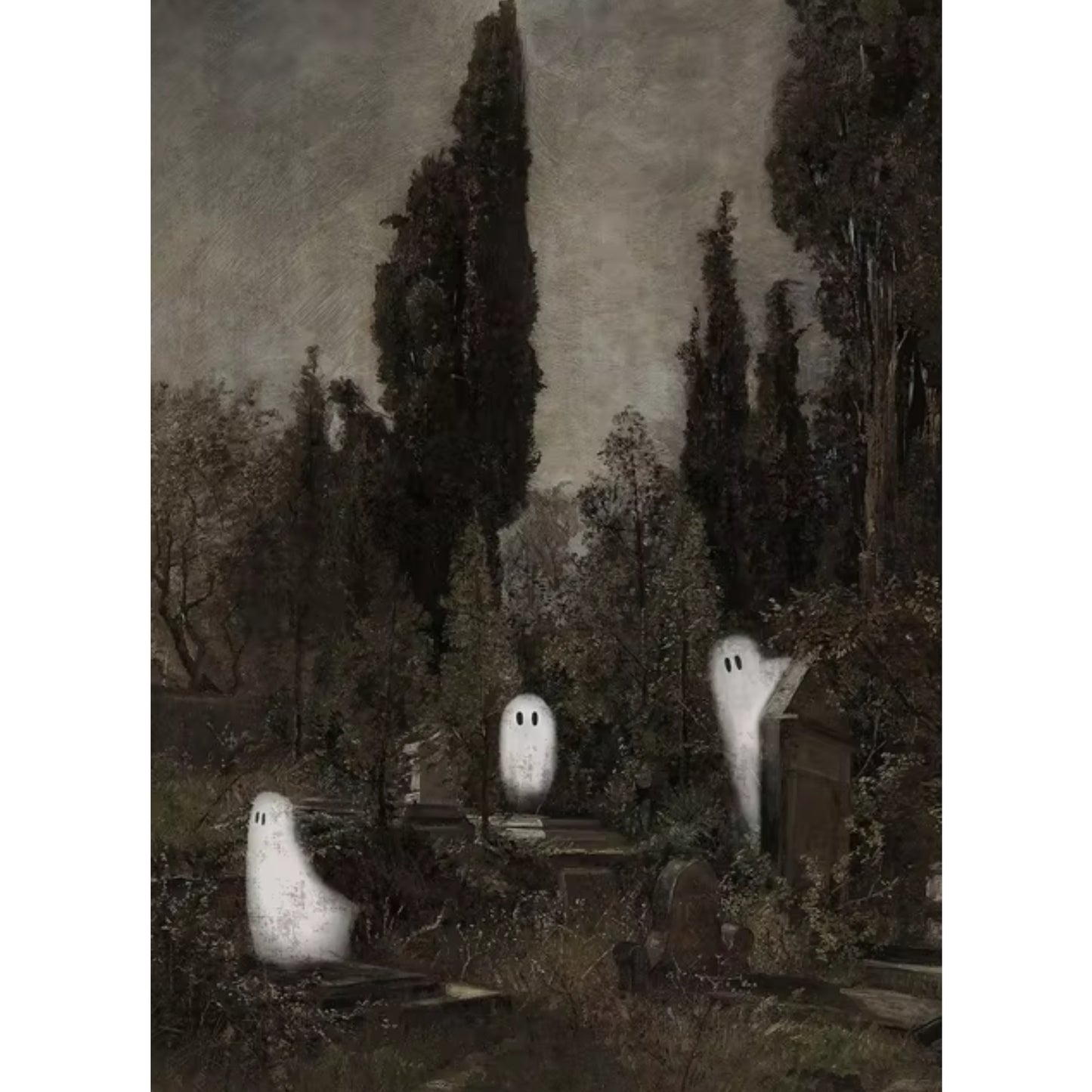 Vintage Ghosts in Cemetery Spooky Fall Canvas Halloween Art