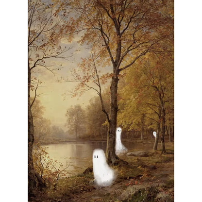 Vintage Ghosts in Fall Forest Spooky Halloween Canvas Art
