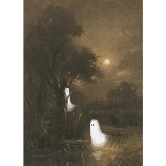 Vintage Ghosts in Moonlit Swamp Spooky Halloween Canvas Art