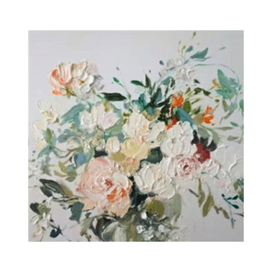 Hand-painted vintage floral canvas with textured peonies and roses in blush pink and ivory tones