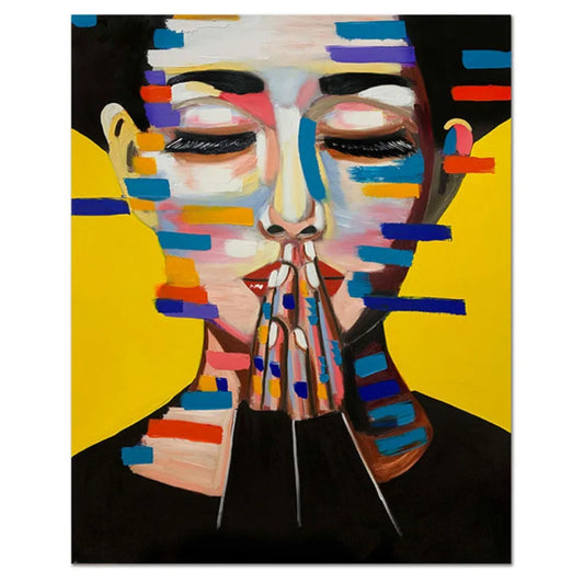 Hand-painted abstract portrait of a serene fashion girl with yellow background