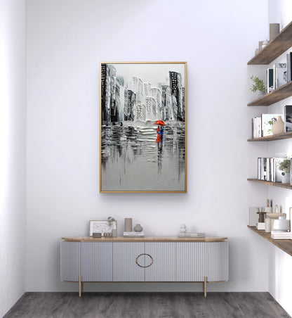 Walking Couple in Rain 100% Hand Painted Cityscape