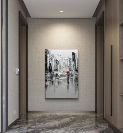 Walking Couple in Rain 100% Hand Painted Cityscape