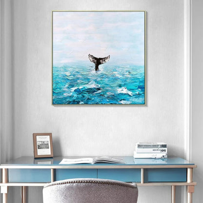 Room mockup showing dark whale tail rising above textured turquoise waves beneath a pale blue sky.