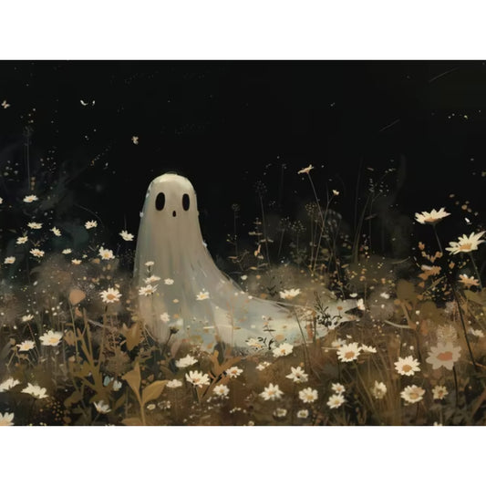 Whimsical Ghost in Wildflowers Vintage Spooky Fall Canvas Art