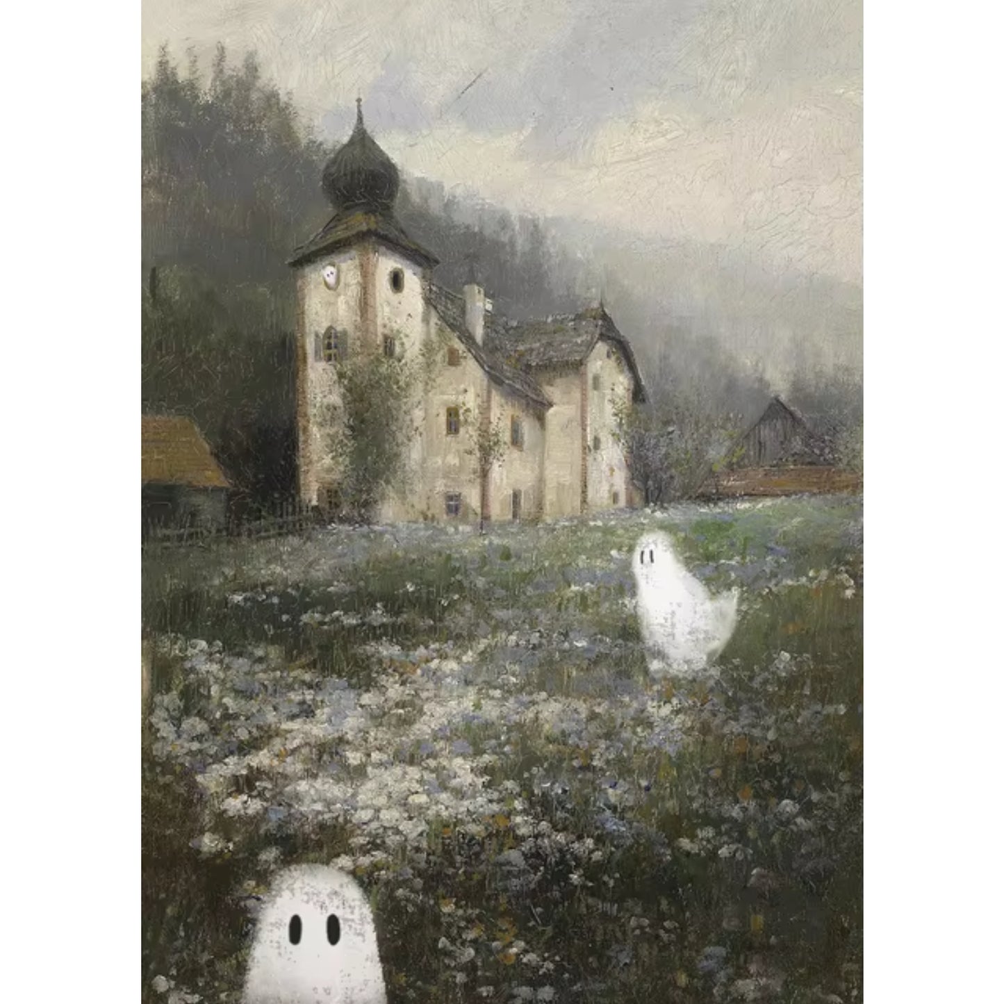 Whimsical Ghosts in Vintage Field Spooky Farmhouse Wall Art