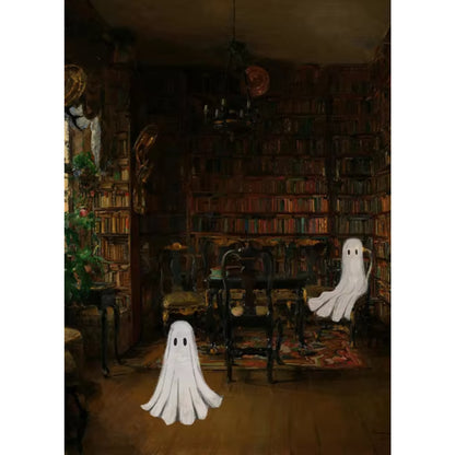 Whimsical Ghosts in Vintage Library Spooky Fall Canvas Décor