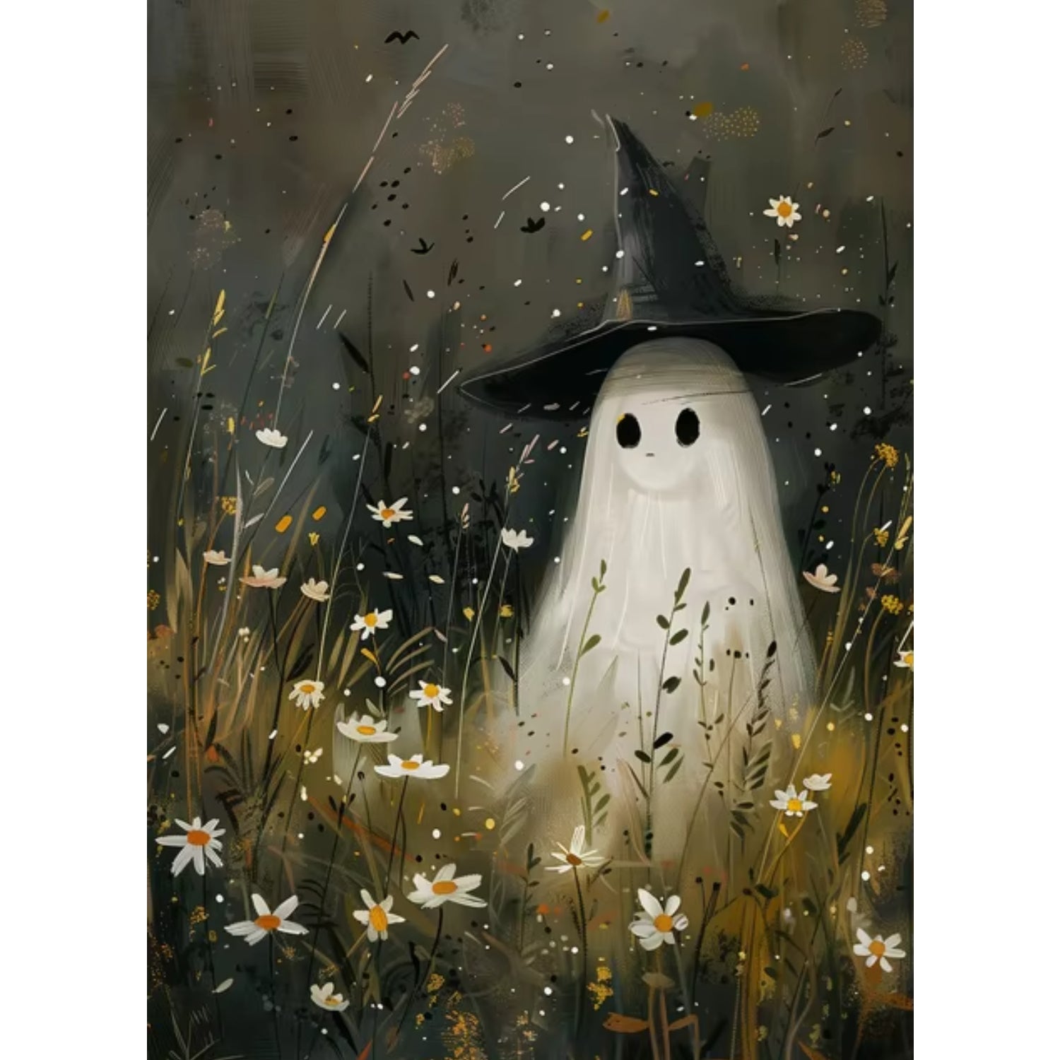 Whimsical Witch Ghost in Wildflowers Vintage Halloween Art