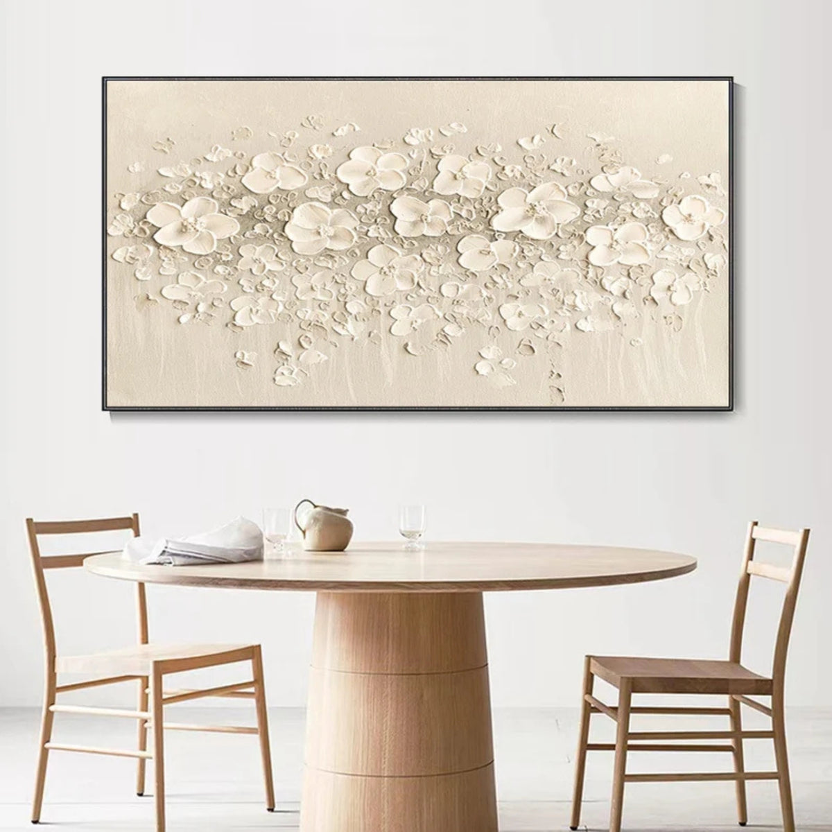 Interior preview of delicate raised-looking blossoms in beige, ivory, cream and soft taupe on a neutral ground.