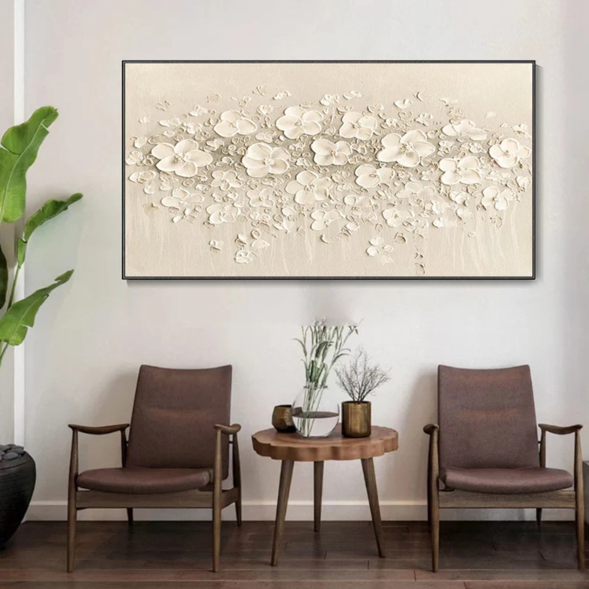 Interior preview of delicate raised-looking blossoms in beige, ivory, cream and soft taupe on a neutral ground.