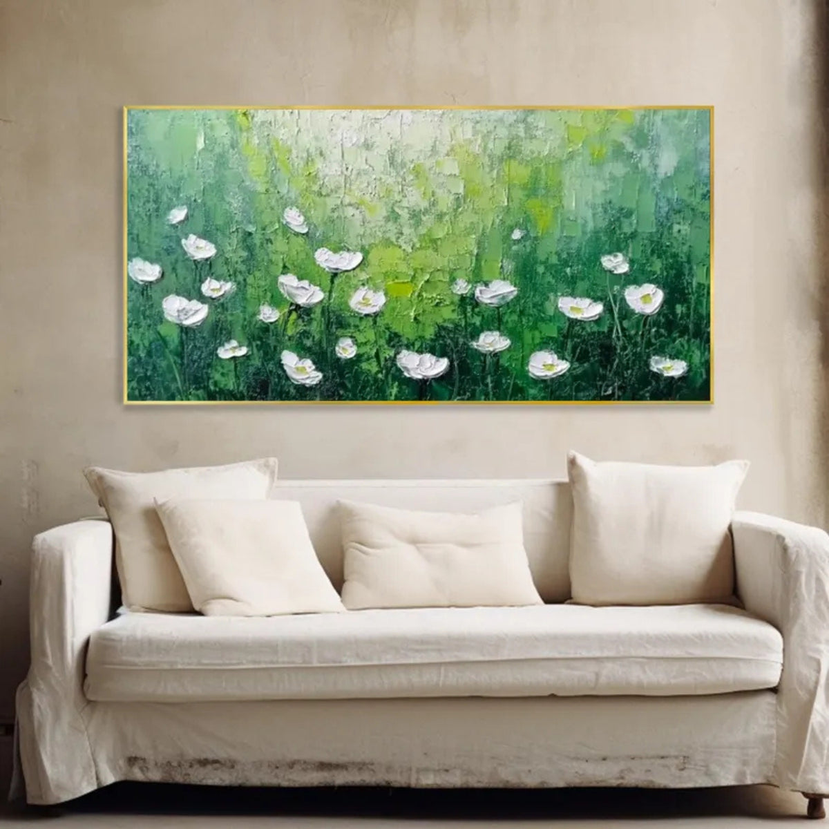 Interior preview of small white blossoms scattered across layered emerald, sage, mint and forest-green tones.