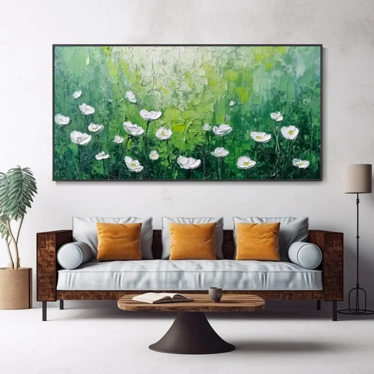 Interior preview of small white blossoms scattered across layered emerald, sage, mint and forest-green tones.