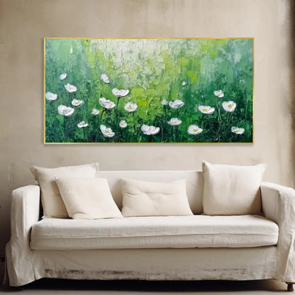 Whispers in Green Textured White Flowers on Emerald Field