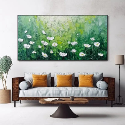 Whispers in Green Textured White Flowers on Emerald Field