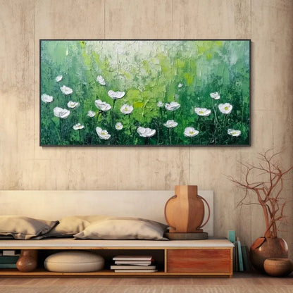 Whispers in Green Textured White Flowers on Emerald Field