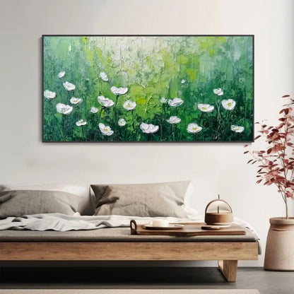 Whispers in Green Textured White Flowers on Emerald Field