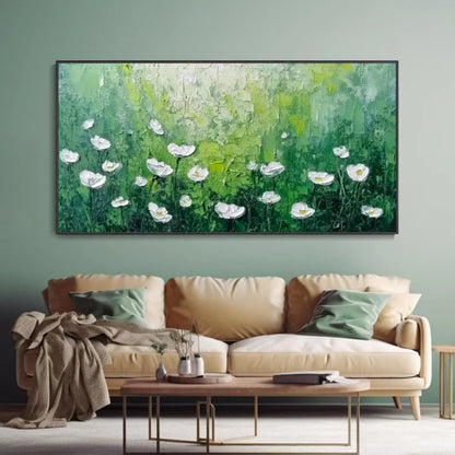 Whispers in Green Textured White Flowers on Emerald Field