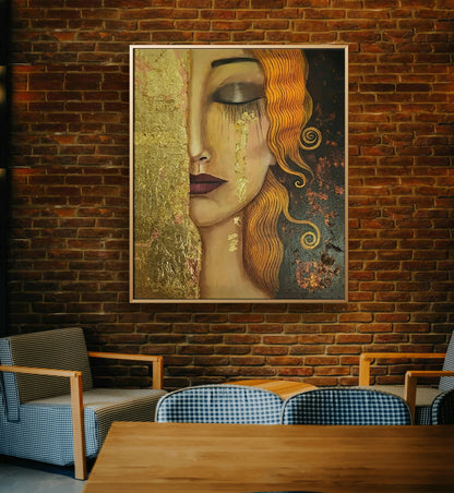 Whispers of Gold and Crimson – Hand-Painted Woman Portrait on Canvas