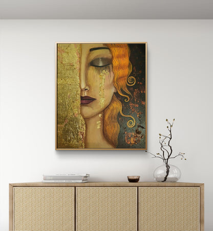 Whispers of Gold and Crimson – Hand-Painted Woman Portrait on Canvas
