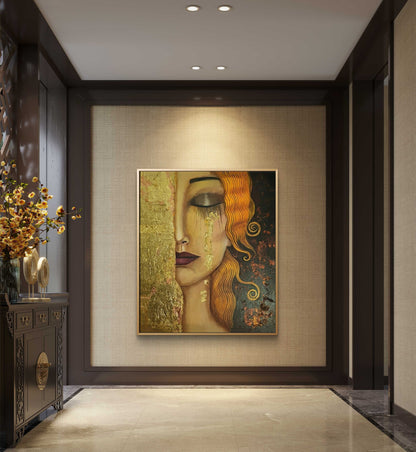 Whispers of Gold and Crimson – Hand-Painted Woman Portrait on Canvas
