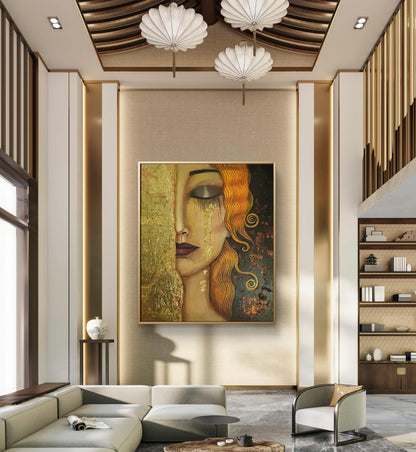 Whispers of Gold and Crimson – Hand-Painted Woman Portrait on Canvas