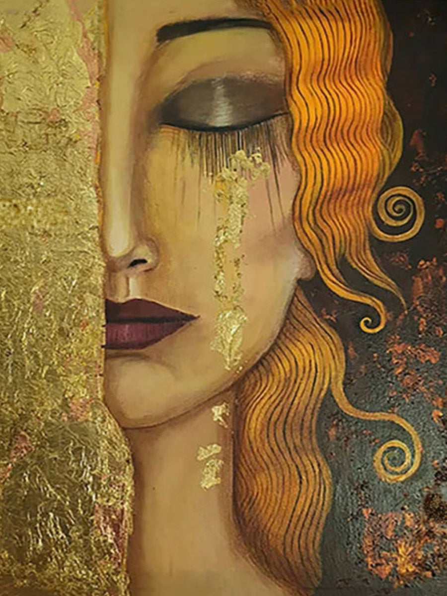 Whispers of Gold and Crimson – Hand-Painted Woman Portrait on Canvas