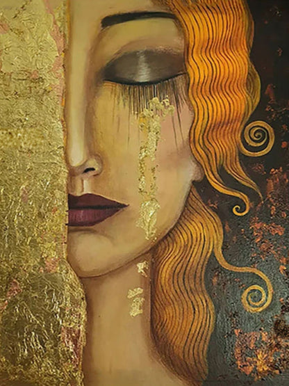 Whispers of Gold and Crimson – Hand-Painted Woman Portrait on Canvas