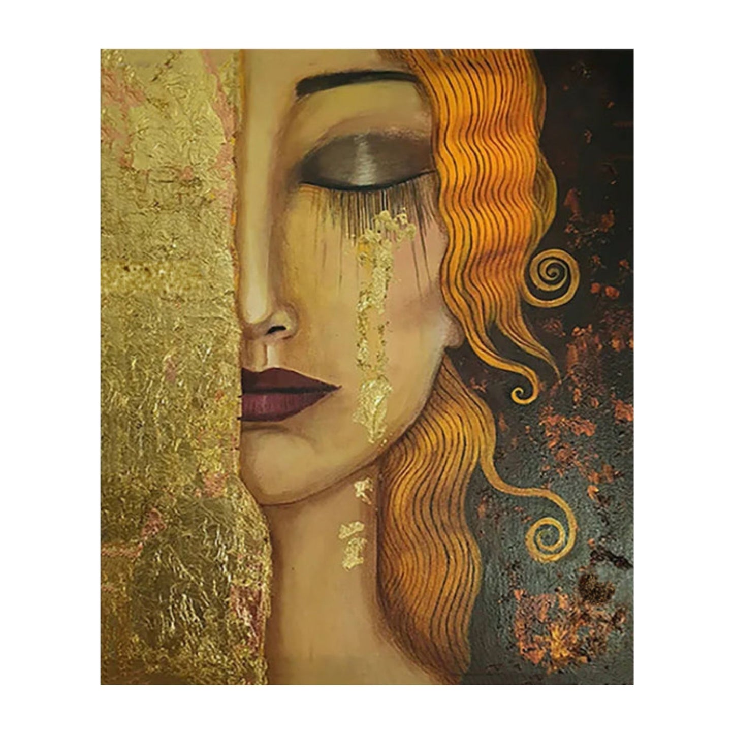 Hand-painted portrait of a woman with gold tears and crimson lips on black canvas — elegant emotional oil painting