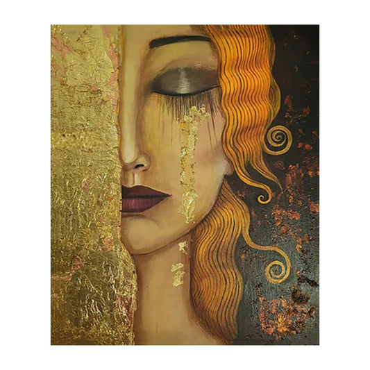 Hand-painted portrait of a woman with gold tears and crimson lips on black canvas — elegant emotional oil painting