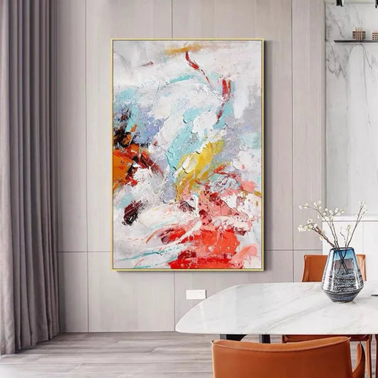 Room mockup showing broad white and pale aqua strokes with red, yellow, dark brown and pink patches.