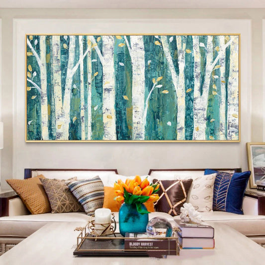 Room mockup showing tall white birch trunks with thin branches and sparse pale leaves against a deep teal forest background.