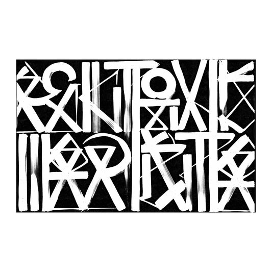 Bold white angular marks, circles and crossing lines arranged across a black background.